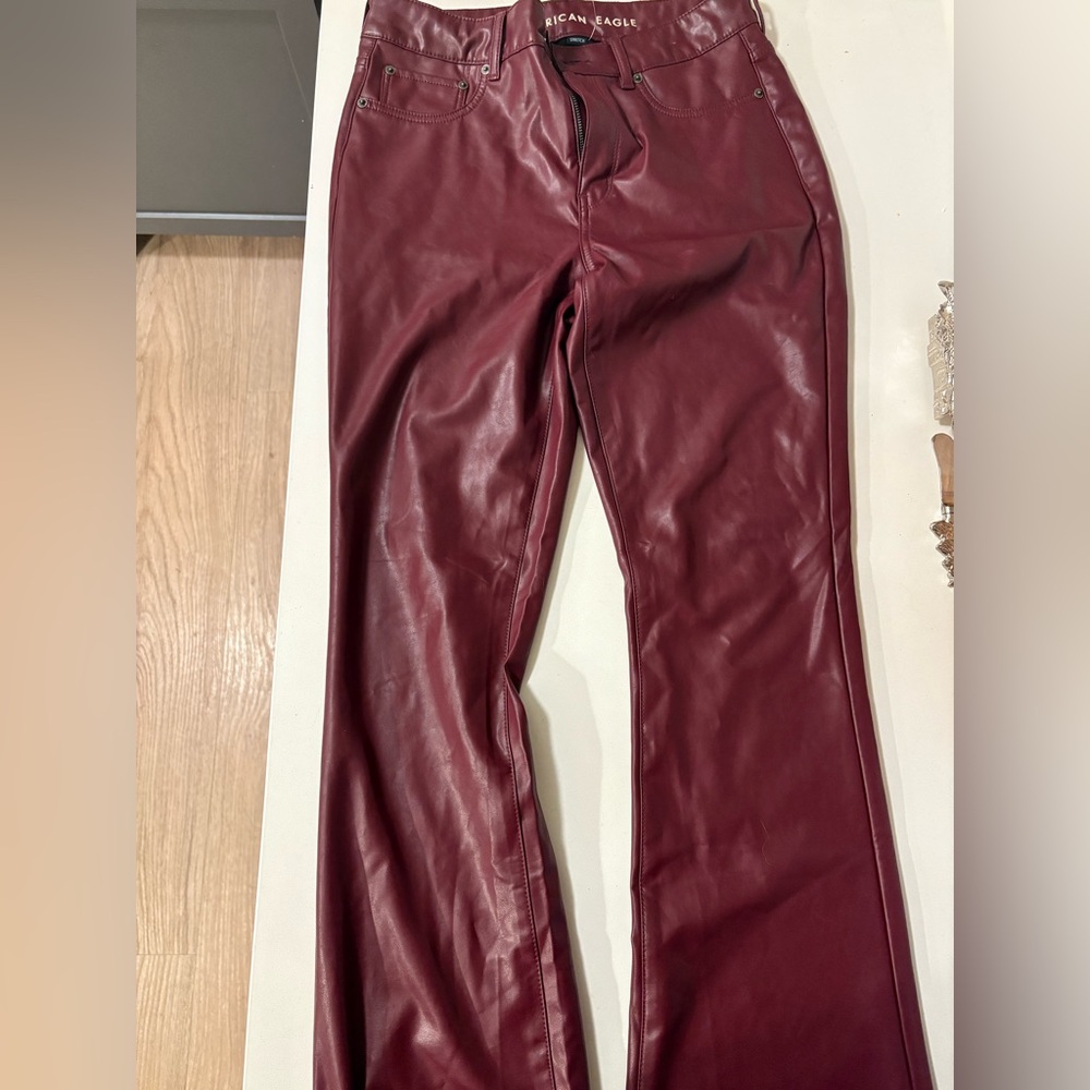 American Eagle Super High Rise Skinny Boot Kick maroon leather pants